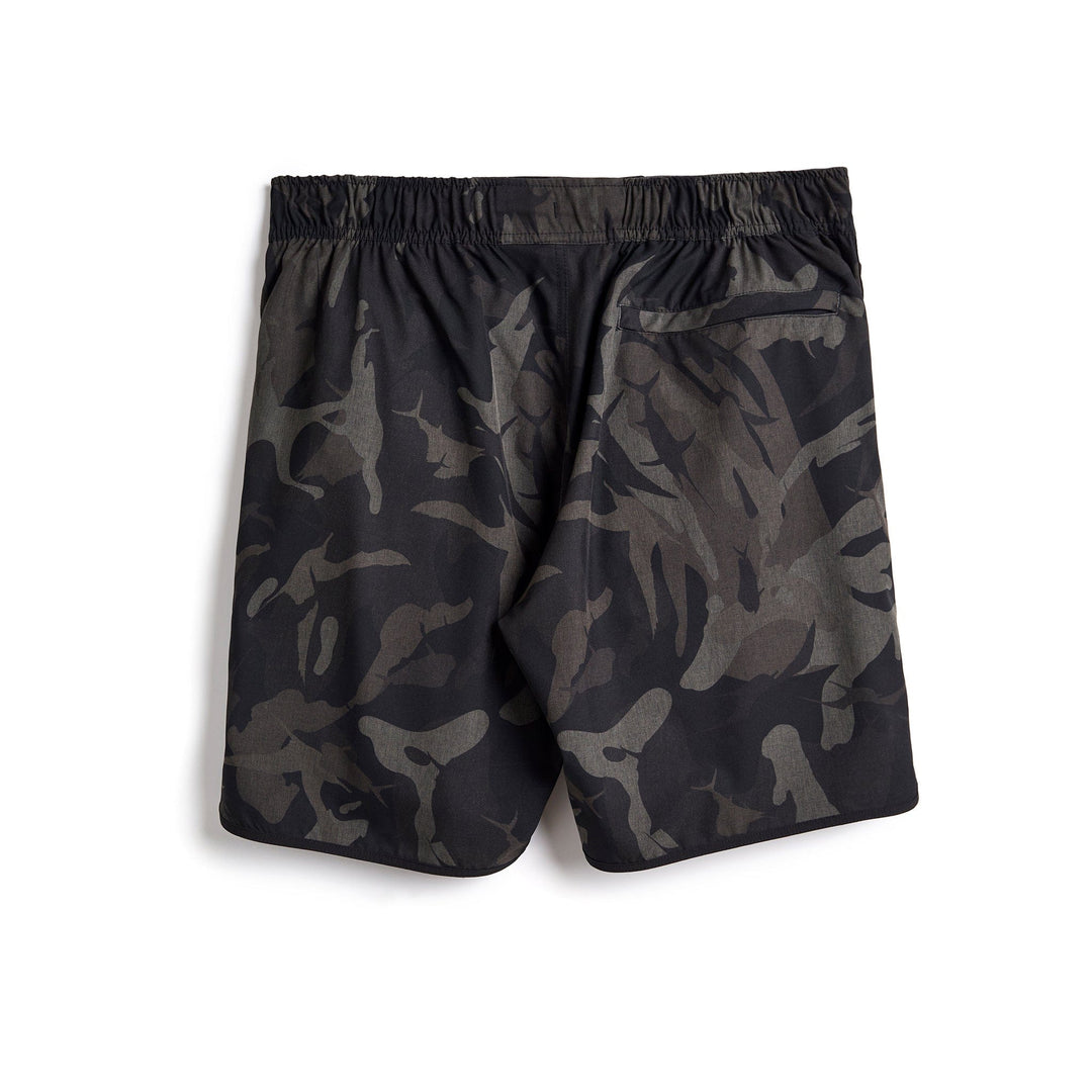 Black camouflage Frigate Camo Captain Snacks Volleys shorts by Scalesgear.com, featuring a comfortable fit and military-inspired design.