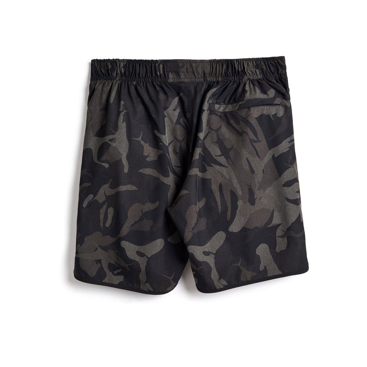 Black camouflage Frigate Camo Captain Snacks Volleys shorts by Scalesgear.com, featuring a comfortable fit and military-inspired design.