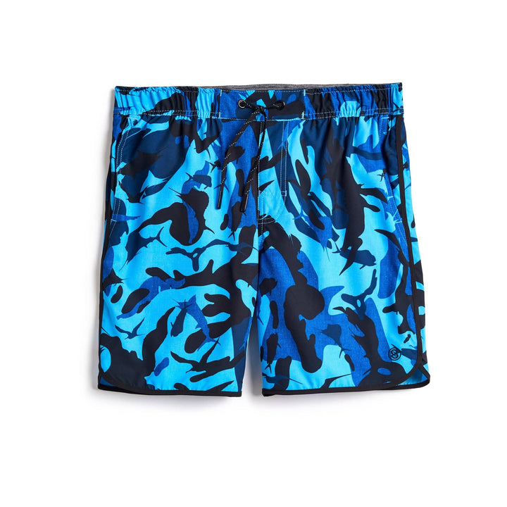 Blue camouflage Frigate Camo Captain Snacks Volleys shorts by Scalesgear.com, featuring a comfortable design and camouflage pattern.