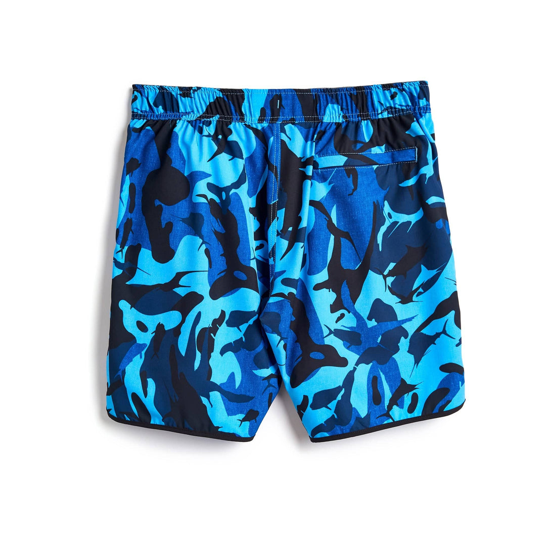 Blue camouflage Frigate Camo Captain Snacks Volleys shorts by Scalesgear.com, featuring a comfortable fit and stylish design.