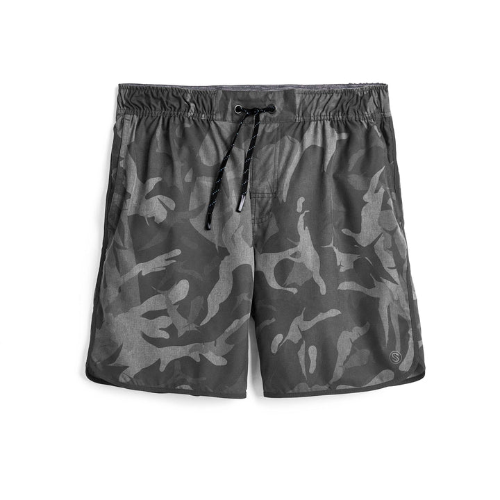 Grey camouflage Frigate Camo Captain Snacks Volleys shorts by Scalesgear.com displayed on a model.