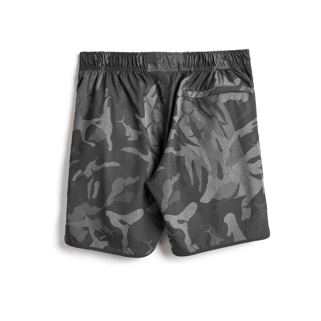 Grey camouflage Frigate Camo Captain Snacks Volleys shorts by Scalesgear.com featuring a comfortable fit and casual style.