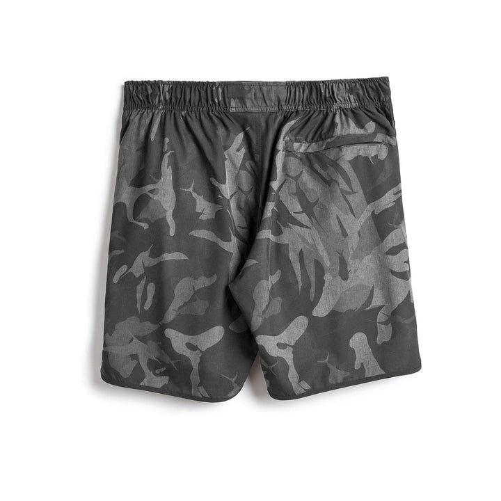 Grey camouflage Frigate Camo Captain Snacks Volleys shorts by Scalesgear.com featuring a comfortable fit and casual style.