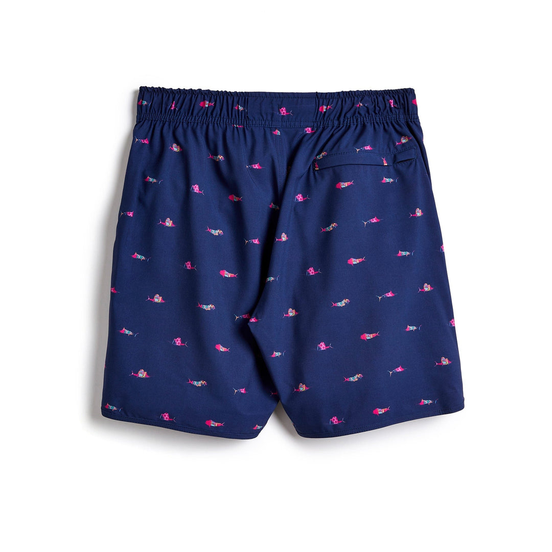 Navy Trippy Fish Captain Snacks Volleys shorts by Scalesgear.com with colorful fish pattern and comfortable fit.