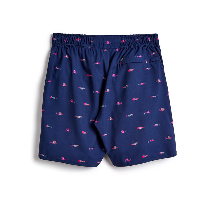 Navy Trippy Fish Captain Snacks Volleys shorts by Scalesgear.com with colorful fish pattern and comfortable fit.