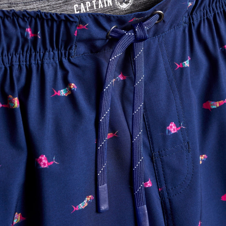 Navy Trippy Fish Captain Snacks Volleys shorts with colorful fish print, casual summer style by Scalesgear.com