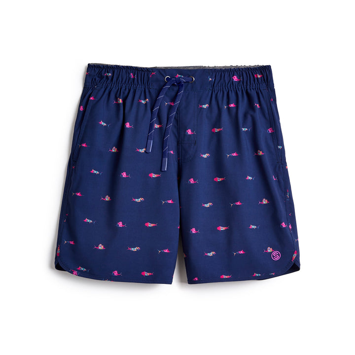 Navy Trippy Fish Captain Snacks Volleys shorts by Scalesgear.com, featuring colorful fish and nautical design on lightweight fabric.