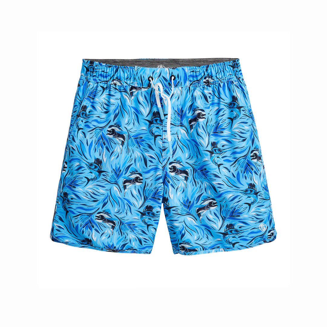 Powder blue Flower Strike Captain Snacks Volleys shorts by Scalesgear.com, featuring a comfortable fit and vibrant floral pattern.