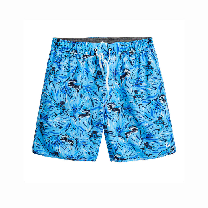 Powder blue Flower Strike Captain Snacks Volleys shorts by Scalesgear.com, featuring a comfortable fit and vibrant floral pattern.