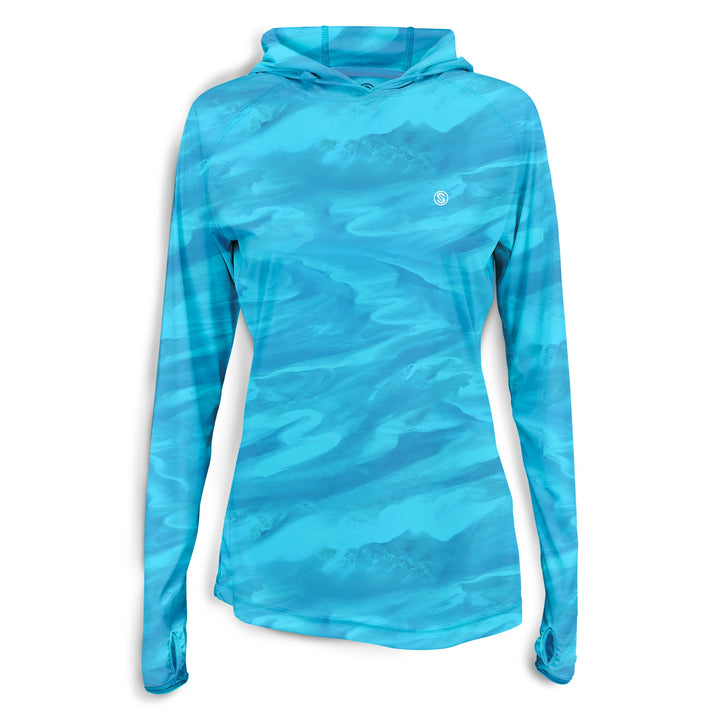Women's aqua performance hooded long sleeve top by Scalesgear.com, featuring a comfortable fit and athletic design.