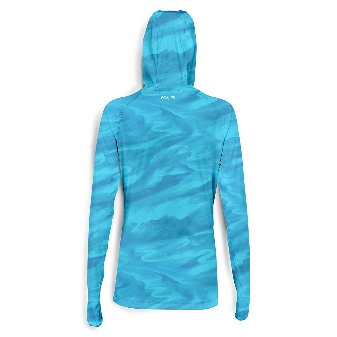 Aqua women's performance hooded long sleeve shirt by Scalesgear.com, featuring a hood, long sleeves, and athletic fit for active wear.