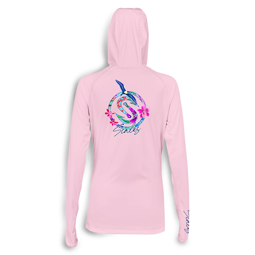 Light pink women's performance hooded long sleeve shirt by Scalesgear with a relaxed fit and athletic design.