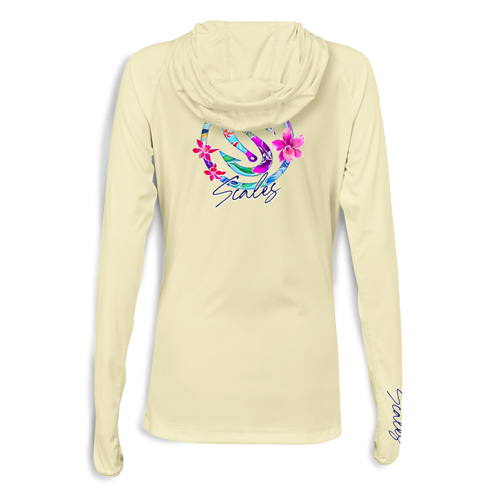 Light pink women's performance hooded long sleeve shirt by Scalesgear.com, featuring a comfortable fit and breathable fabric.