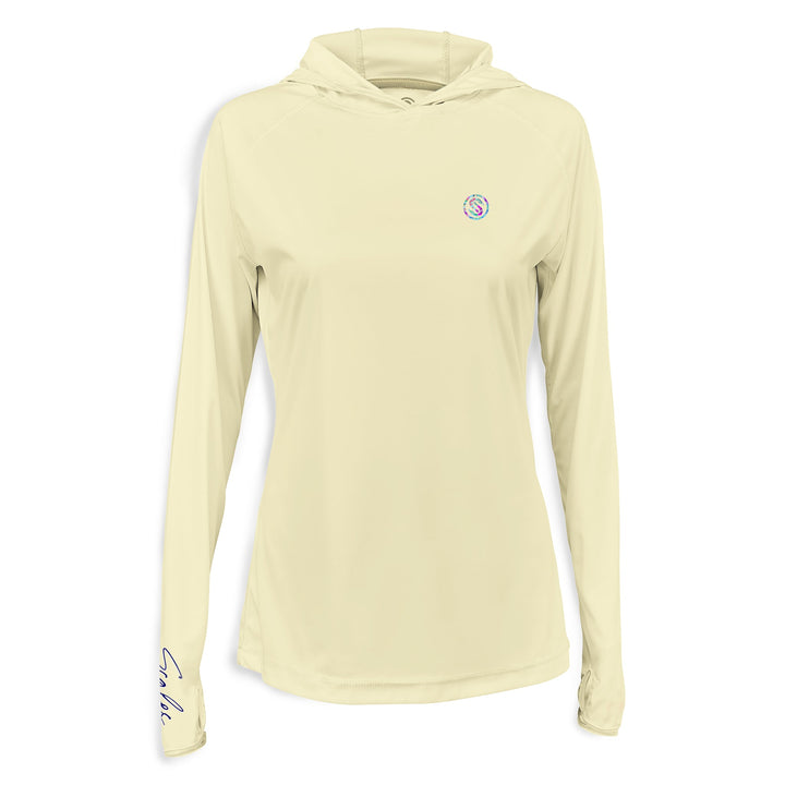 Light pink women's performance hooded long sleeve top from Frigate Paradise by Scalesgear.com, featuring a comfortable hood and long sleeves.