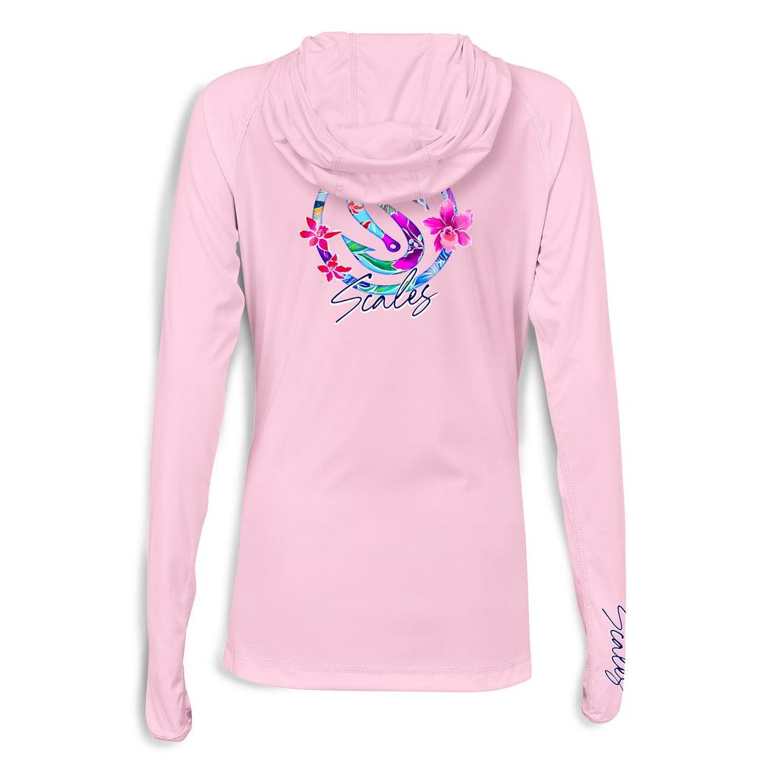 Light pink women's performance hooded long sleeve shirt from Frigate Paradise by Scalesgear.com, featuring a comfortable fit and hood.