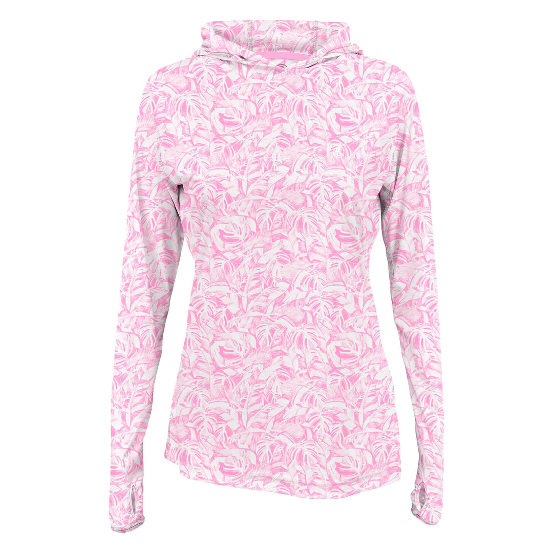 Women’s hooded performance long sleeve shirt by Scalesgear, featuring a jungle sail design, made for active wear and outdoor activities.