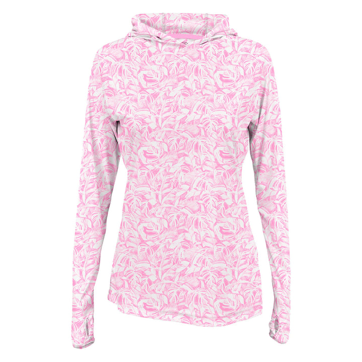 Women’s hooded performance long sleeve shirt by Scalesgear, featuring a jungle sail design, made for active wear and outdoor activities.