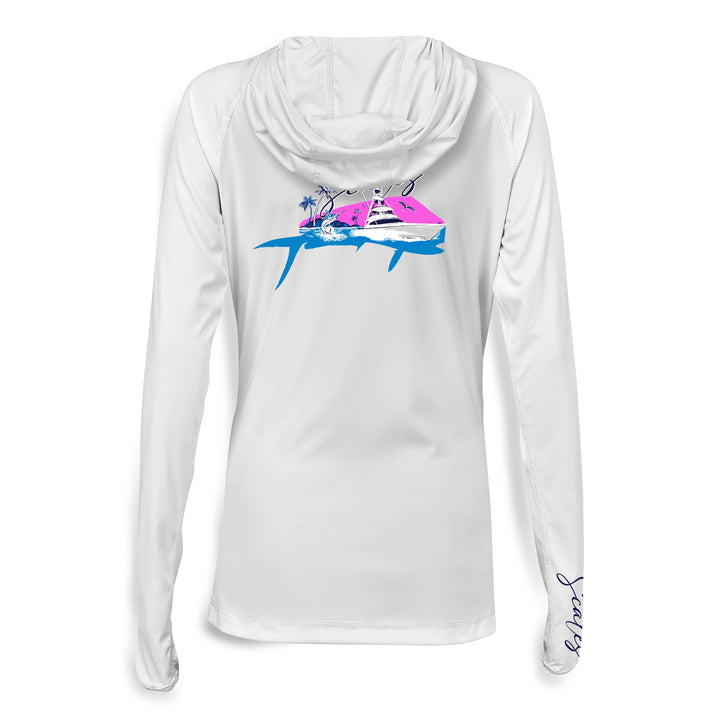 White women's performance hooded long sleeve shirt from Mahi Slam by Scalesgear.com, featuring a hood and athletic fit.