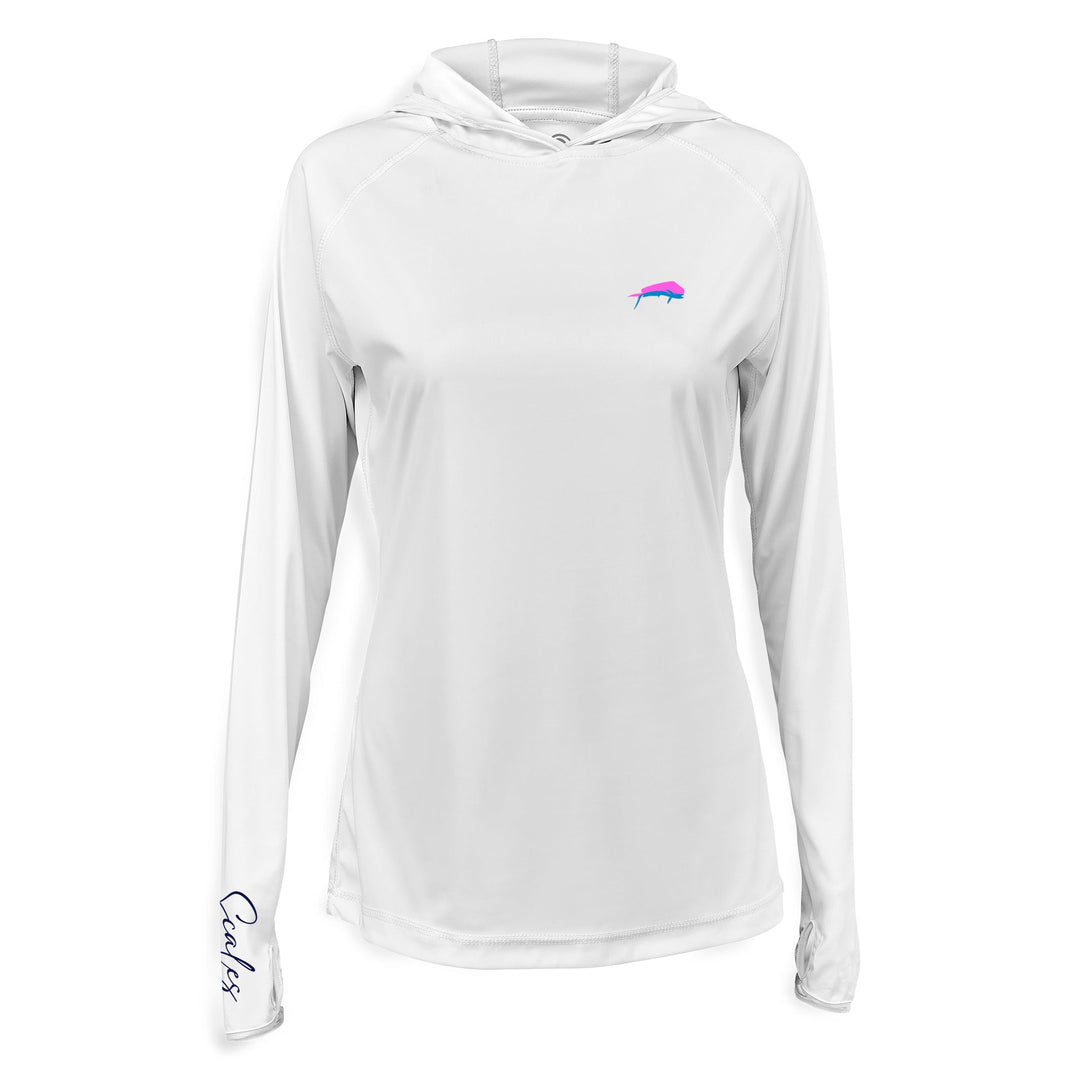 White women's performance hooded long sleeve top from Mahi Slam by Scalesgear.com, featuring a hood and athletic fit.