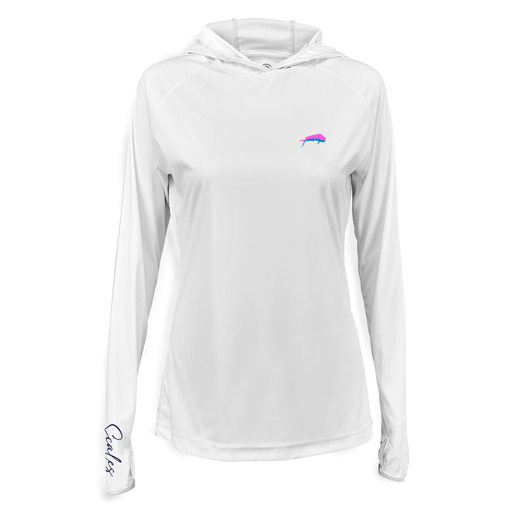 White women's performance hooded long sleeve top from Mahi Slam by Scalesgear.com, featuring a hood and athletic fit.