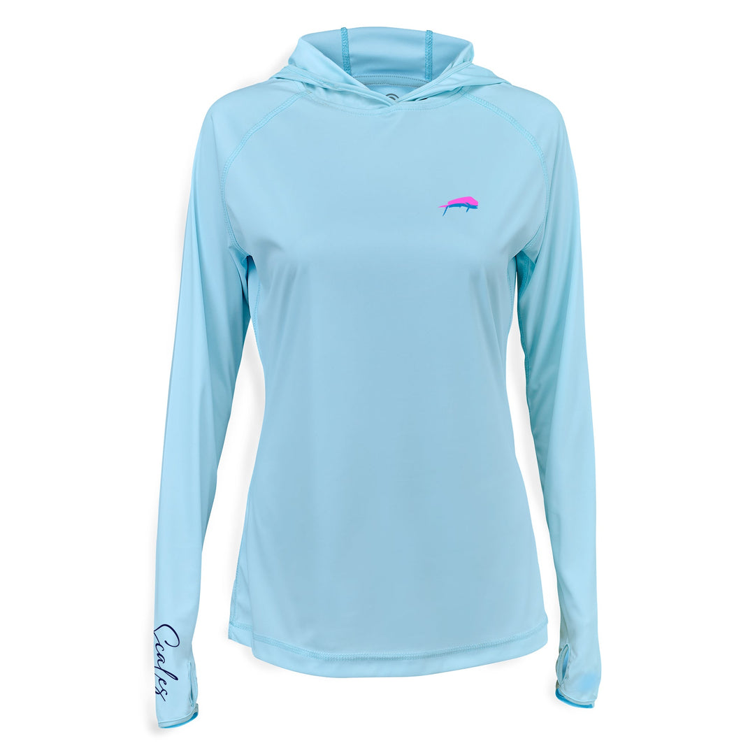 Light blue women's performance hooded long sleeve shirt by Scalesgear.com, featuring a fitted design and hood for active wear.