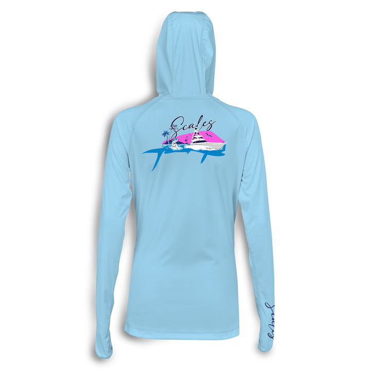 Blue women's performance hooded long sleeve shirt by Scalesgear.com, featuring a fitted hoodie and lightweight, breathable fabric.