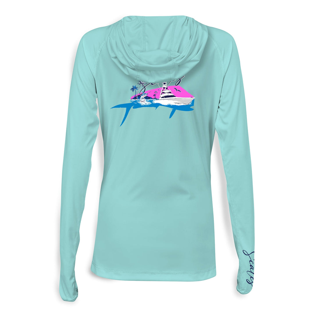 Seafoam green Mahi Slam womens performance hooded long sleeve shirt with a hood and fitted design by Scalesgear.com.