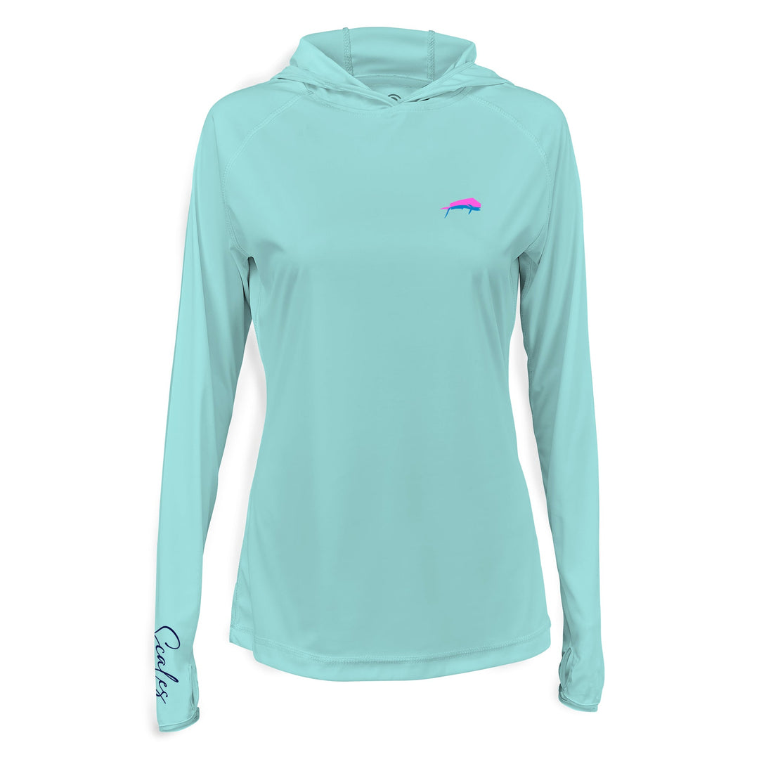 Seafoam green women's performance hooded long sleeve shirt by Scalesgear.com featuring a hood, long sleeves, and athletic fit.