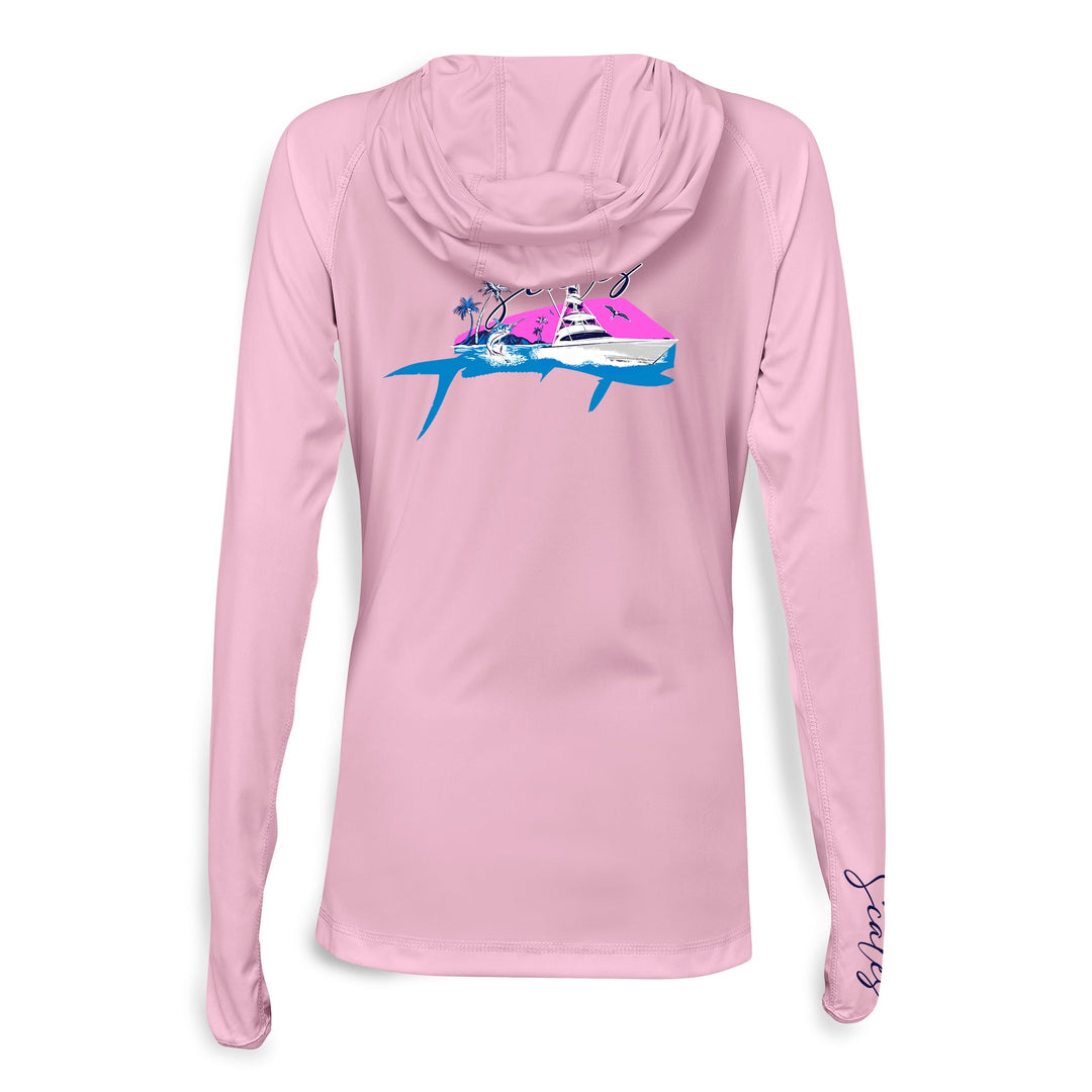 Pink women's performance hooded long sleeve shirt by Scalesgear.com, featuring a fitted design and lightweight fabric.