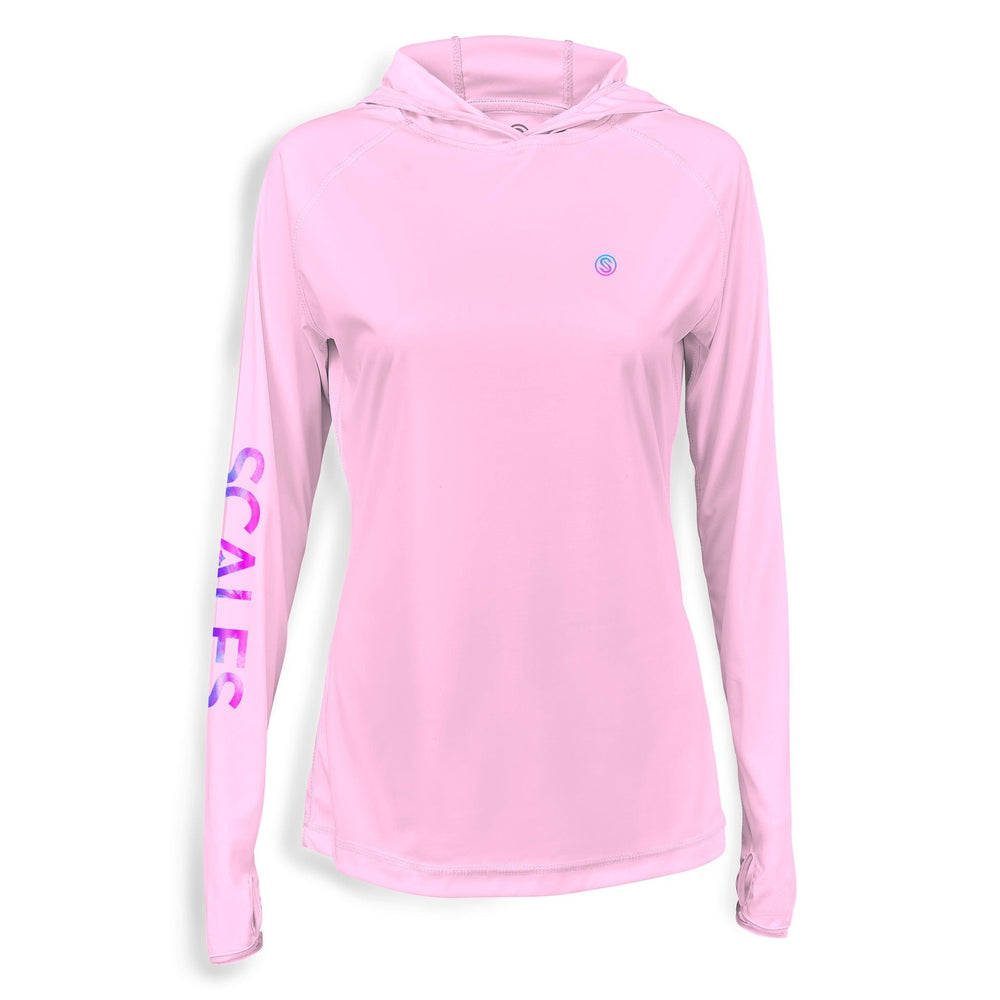 Pink women's performance hooded long sleeve shirt featuring Tide Dye Flyer design, from Scalesgear.com