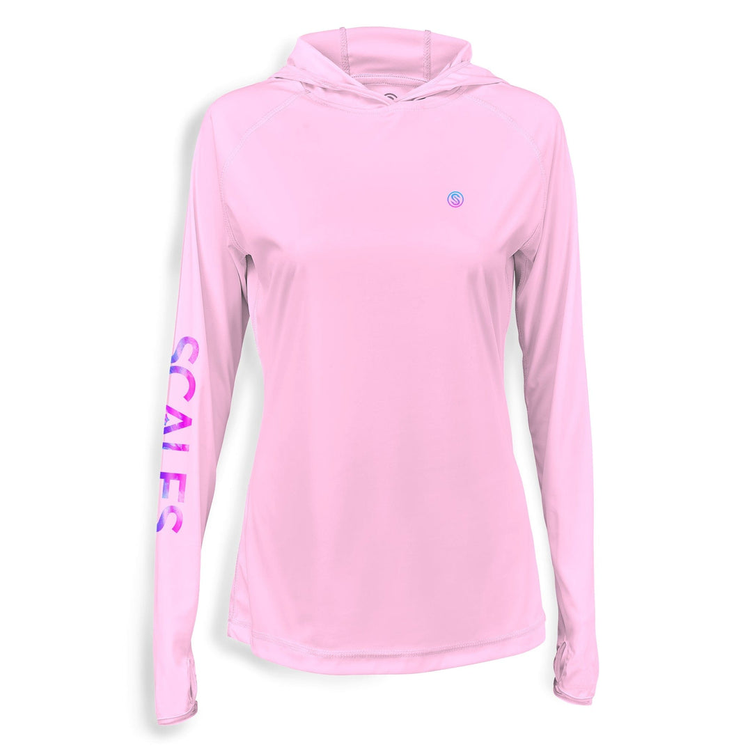 Pink women's performance hooded long sleeve shirt featuring Tide Dye Flyer design, from Scalesgear.com