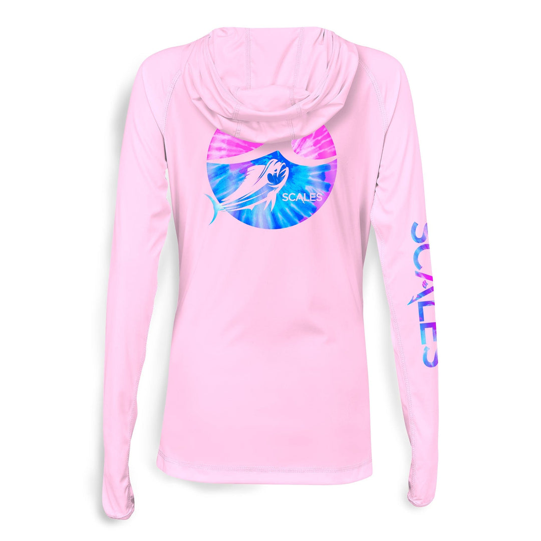 Pink women's performance hooded long sleeve shirt by Tide Dye Flyer, featuring a casual fit and lightweight fabric.