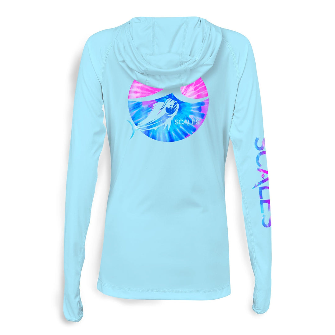 Blue women's performance hooded long sleeve shirt from Tide Dye Flyer collection by Scalesgear.com, featuring a comfortable hood and long sleeves.