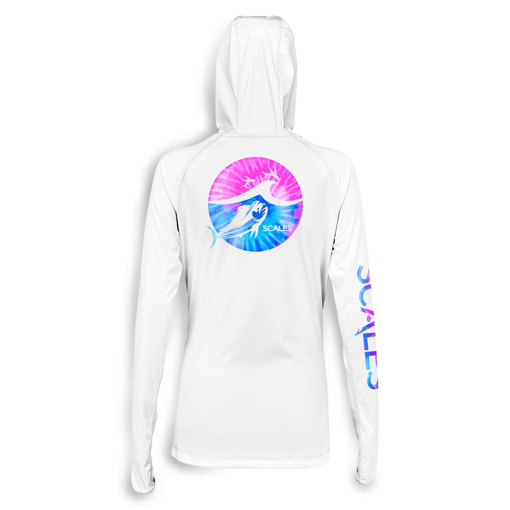 White women's performance hooded long sleeve shirt with Tide Dye Flyer design from Scalesgear.com, featuring a relaxed fit and breathable fabric.