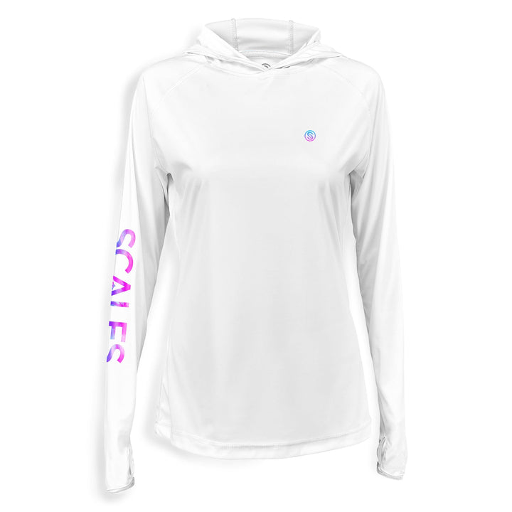 White women's performance hooded long sleeve shirt by Tide Dye Flyer, featuring a hood and athletic fit for active wear.