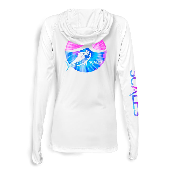 White women's performance hooded long sleeve shirt by Tide Dye Flyer from Scalesgear.com, featuring a comfortable hood and long sleeves.
