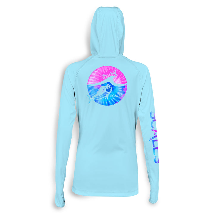 Blue women's performance hooded long sleeve shirt by Scalesgear, featuring a Tide Dye Flyer design and a comfortable hood.