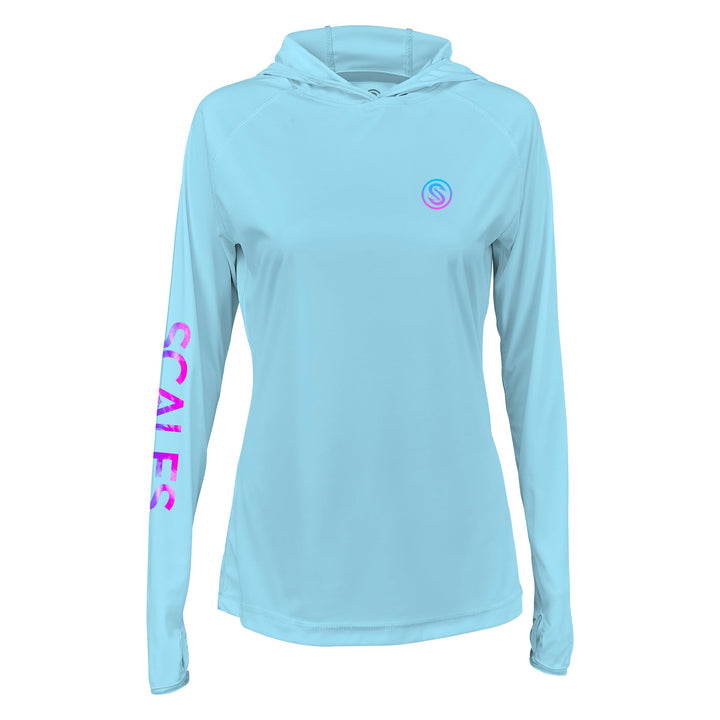 Blue women's performance hooded long sleeve shirt with tie-dye pattern, designed for active wear from Scalesgear.com.