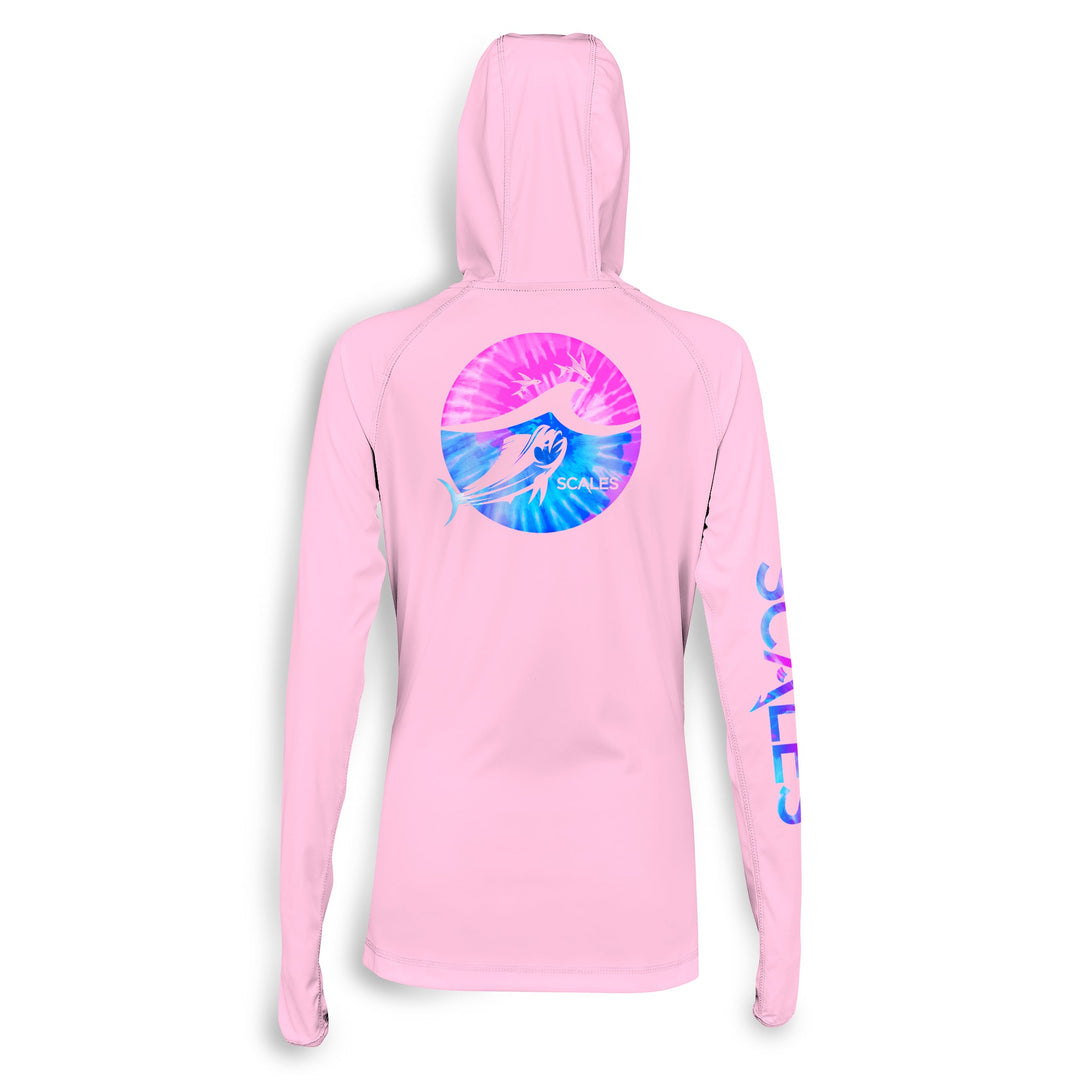 Pink women's performance hooded long sleeve shirt by Tide Dye Flyer, featuring a comfortable hood and athletic fit.