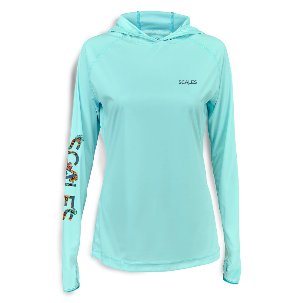 Seafoam women's performance hooded long sleeve shirt from Scalesgear.com featuring a hood, lightweight fabric, and athletic fit.