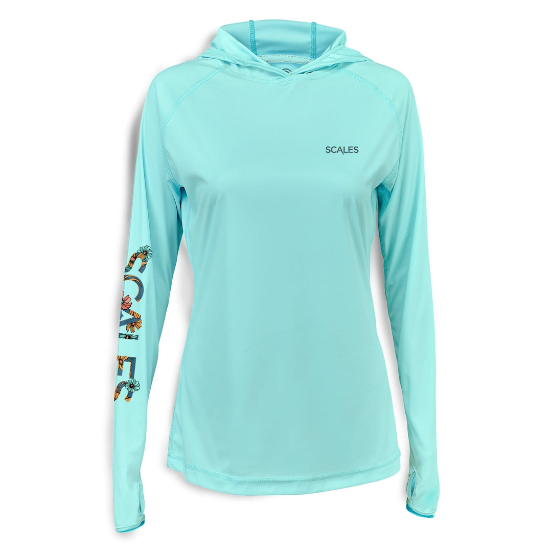 Seafoam women's performance hooded long sleeve shirt from Scalesgear.com featuring a hood, lightweight fabric, and athletic fit.