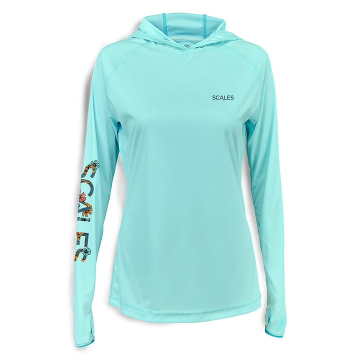 Seafoam women's performance hooded long sleeve shirt from Scalesgear.com featuring a hood, lightweight fabric, and athletic fit.
