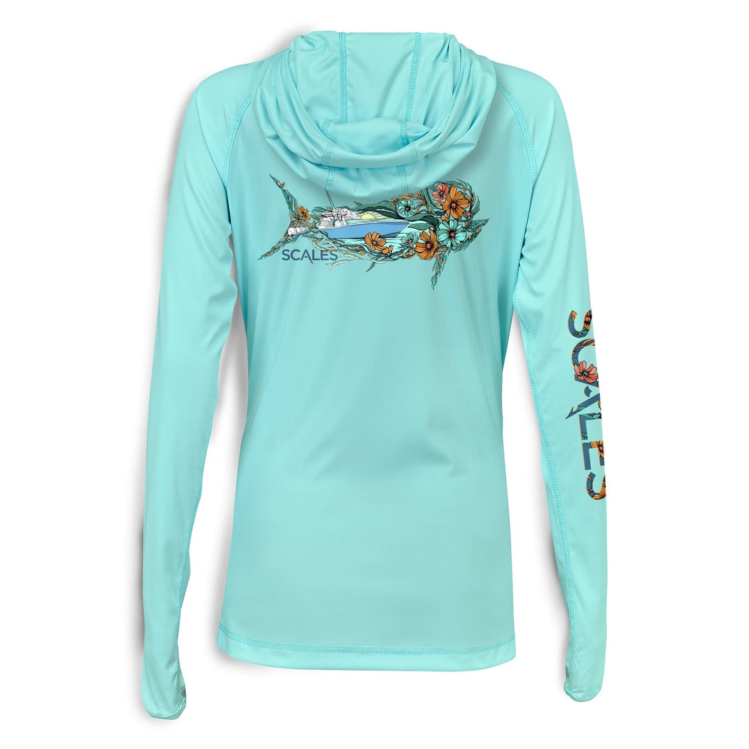 Seafoam green Dorado women's performance hooded long sleeve shirt with a hood and fitted design, ideal for active wear.