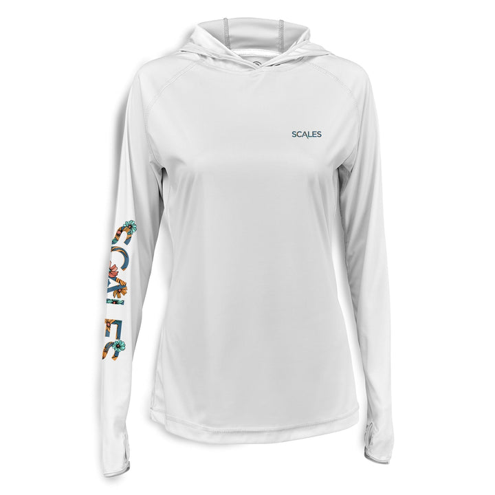 Seafoam green Dorado women's hooded performance long sleeve shirt by Scalesgear, featuring a comfortable hood and athletic fit.
