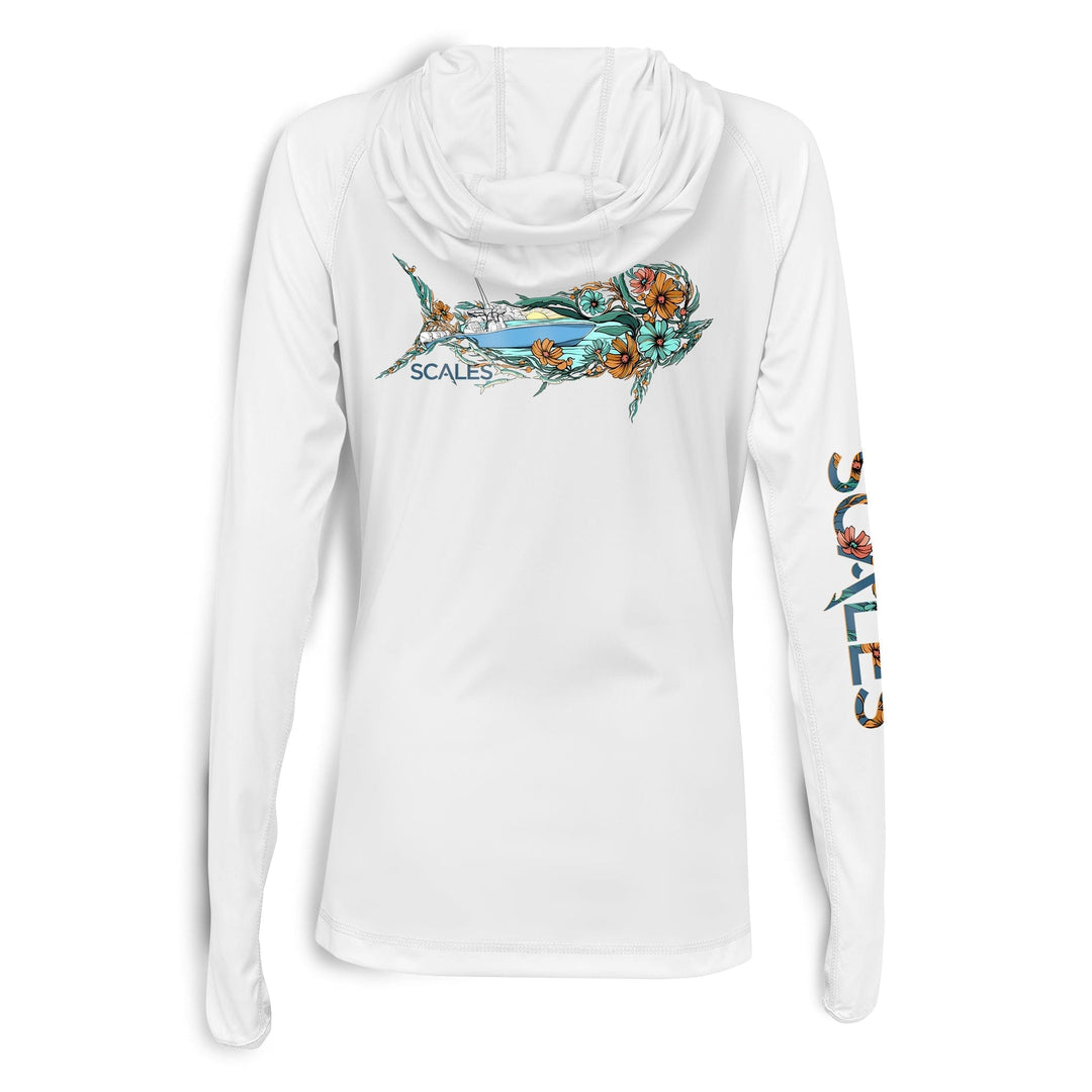 Seafoam Dorado women's hooded performance long sleeve shirt from Scalesgear, lightweight and comfortable for active wear.