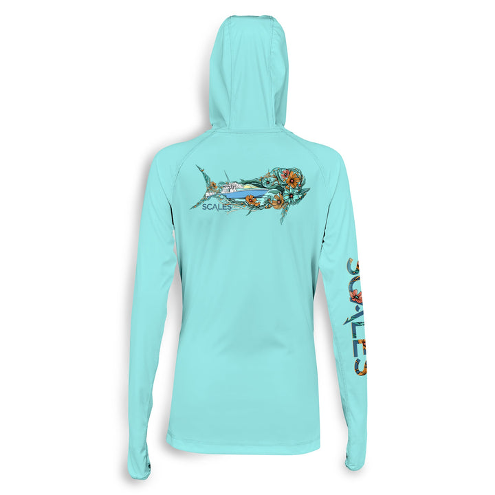 Seafoam Dorado women's performance hooded long sleeve shirt from Scalesgear with a hood and long sleeves, designed for active wear.
