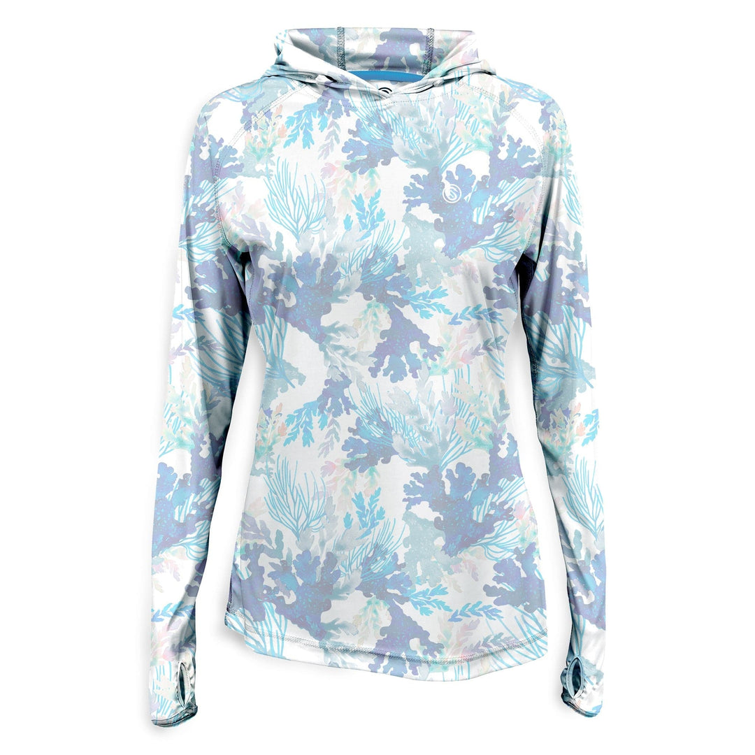 White women's performance hooded long sleeve shirt from Coral Tropics by Scalesgear.com, featuring a hood and lightweight fabric.