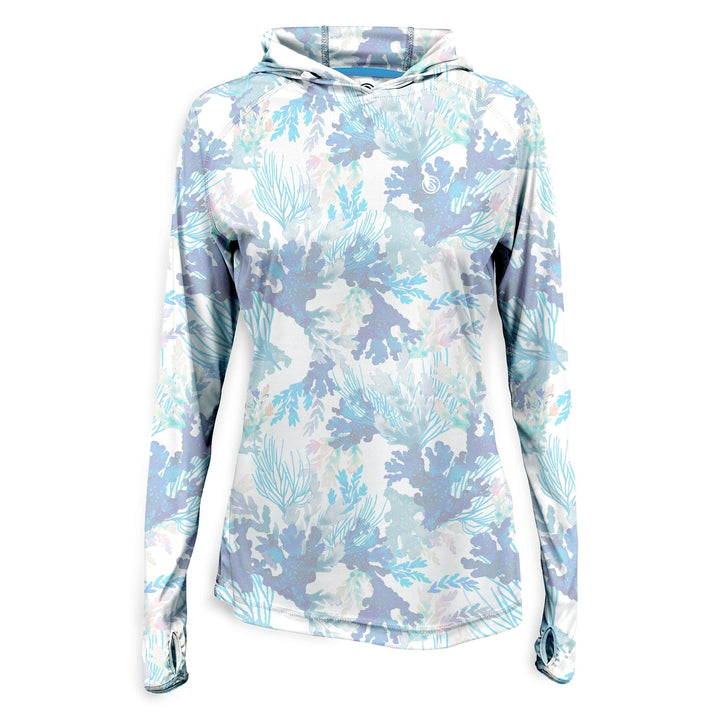 White women's performance hooded long sleeve shirt from Coral Tropics by Scalesgear.com, featuring a hood and lightweight fabric.