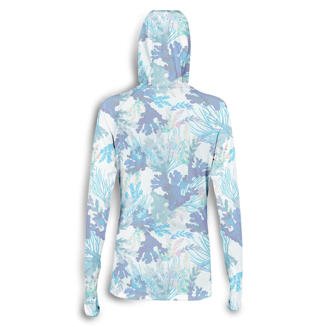 White Coral Tropics women's hooded performance long sleeve shirt by Scalesgear, featuring a comfortable hood and breathable fabric.