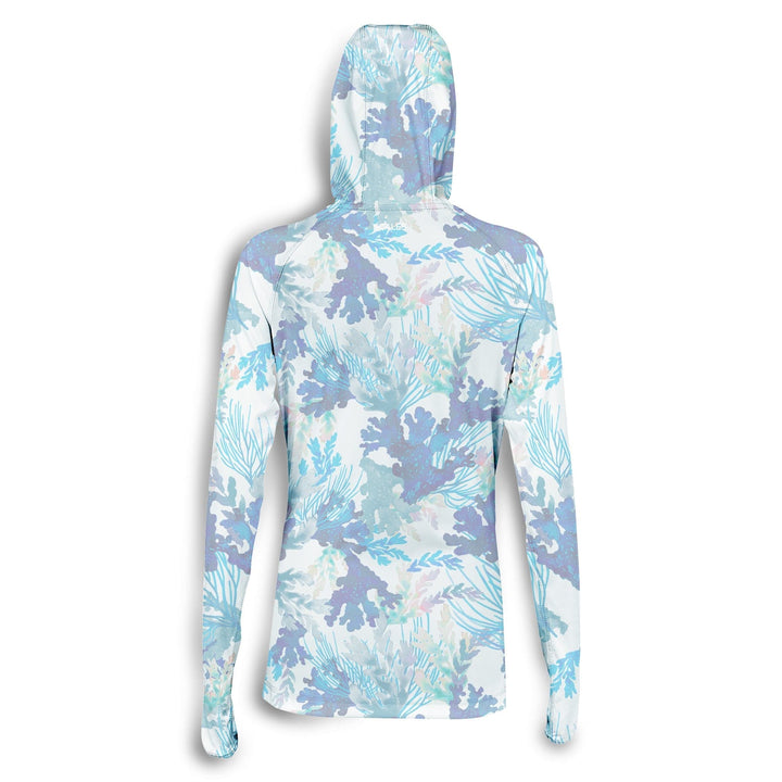 White Coral Tropics women's hooded performance long sleeve shirt by Scalesgear, featuring a comfortable hood and breathable fabric.